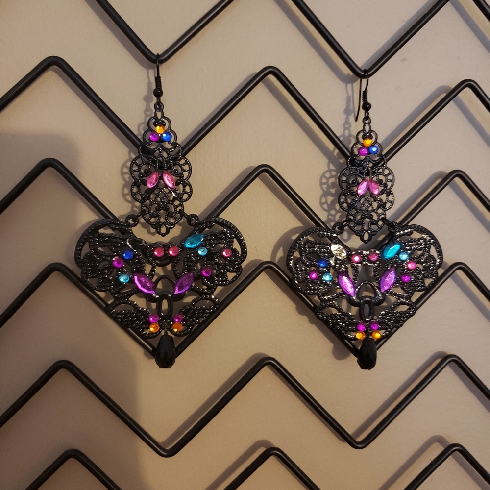 Black Intricate Earrings with Peacock Colours
